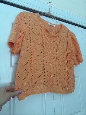Double Zero Heart Pointelle Cardigan - Peach Orange